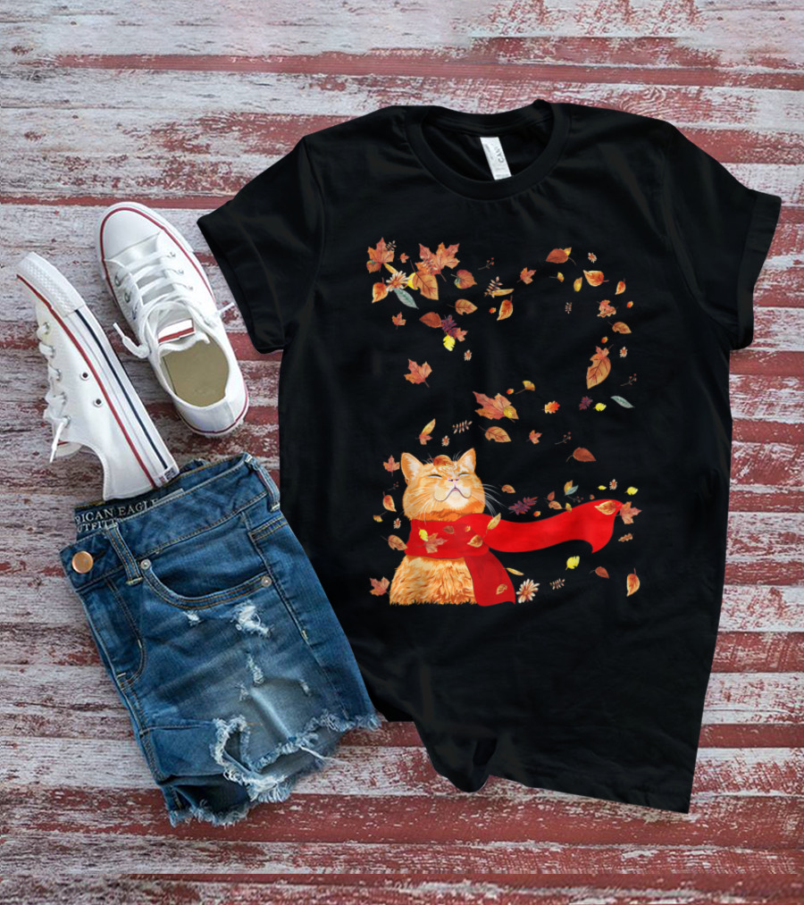 Hello Autumn Maple Leaf Fall Funny Cat Kitten Lover T-Shirt