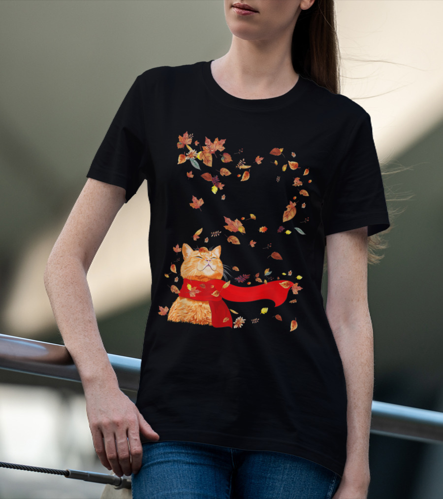 Hello Autumn Maple Leaf Fall Funny Cat Kitten Lover T-Shirt