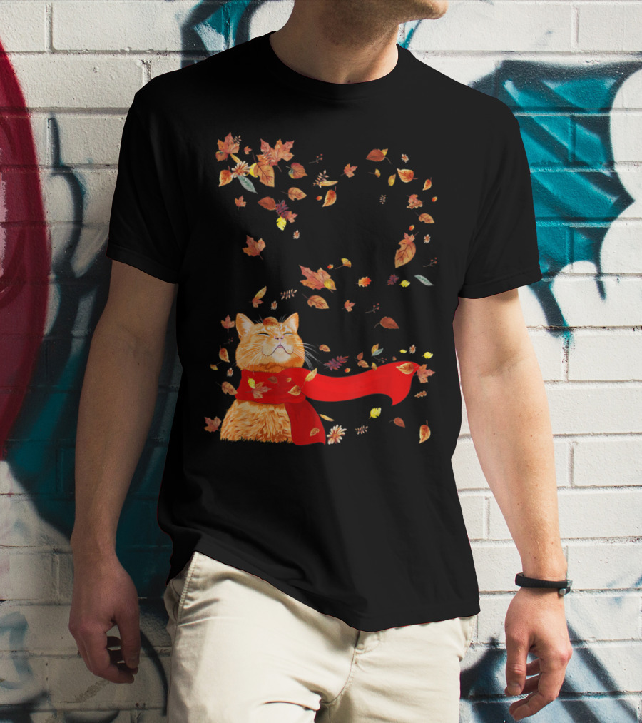 Hello Autumn Maple Leaf Fall Funny Cat Kitten Lover T-Shirt