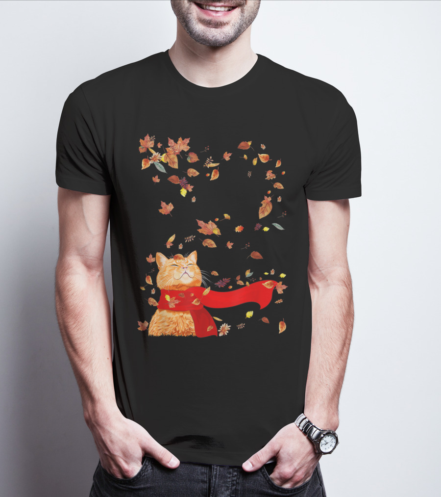 Hello Autumn Maple Leaf Fall Funny Cat Kitten Lover T-Shirt