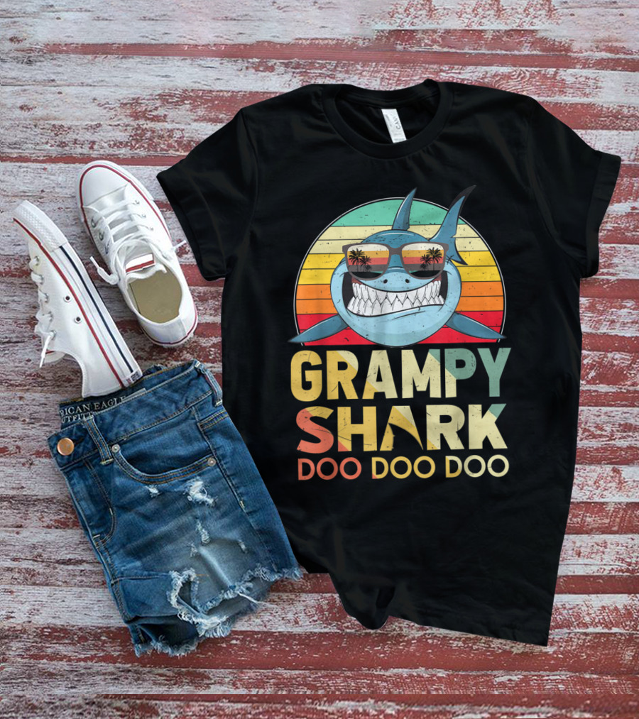 Grampy Shark Doo Doo Doo Retro Vintage Palm Trees Sunglasses T-Shirt