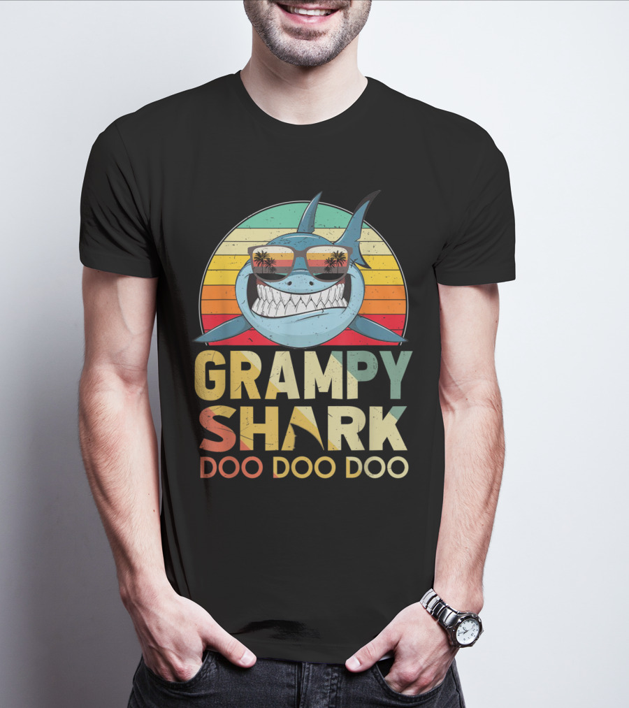 Grampy Shark Doo Doo Doo Retro Vintage Palm Trees Sunglasses T-Shirt