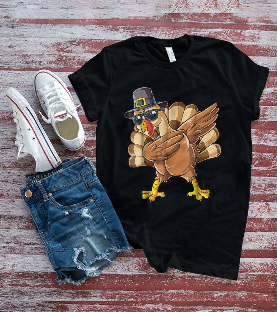 Thanksgiving Dabbing Turkey Pilgrim Hat Sunglasses Boys Day T-Shirt