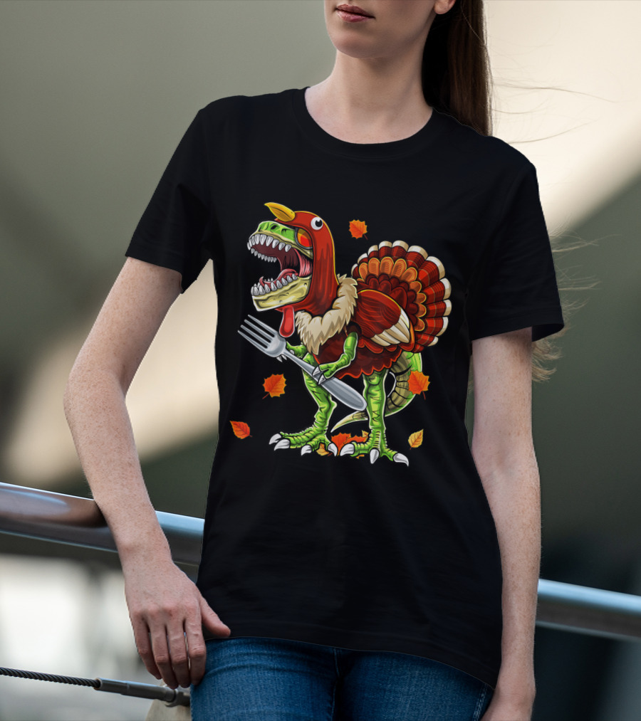 Thanksgiving Rex Dinosaur Turkey With Fork And Autumn Leaves T-Shirt