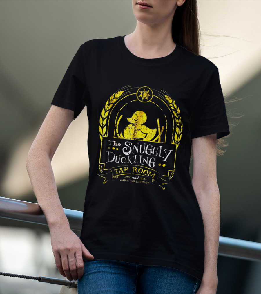 Snuggly Duckling Tap Room And Parlor Lounge With Yellow Duck And Sunburst Motif T-Shirt