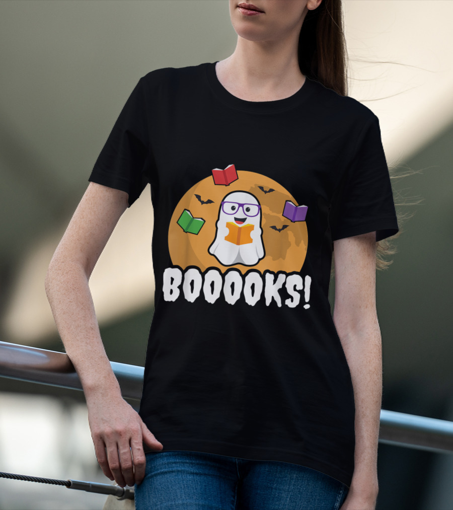 Booooks Ghost Boo Read Books Library Halloween Theme With Flying Bats And Moon T-Shirt