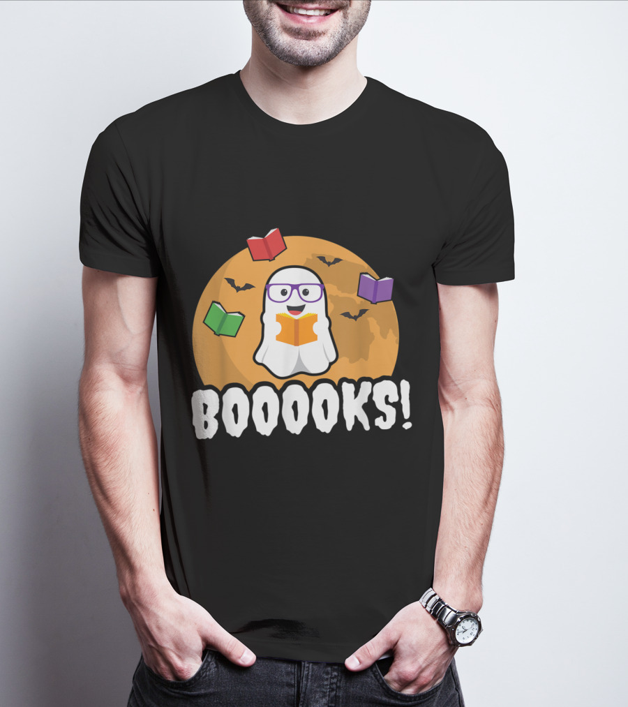 Booooks Ghost Boo Read Books Library Halloween Theme With Flying Bats And Moon T-Shirt
