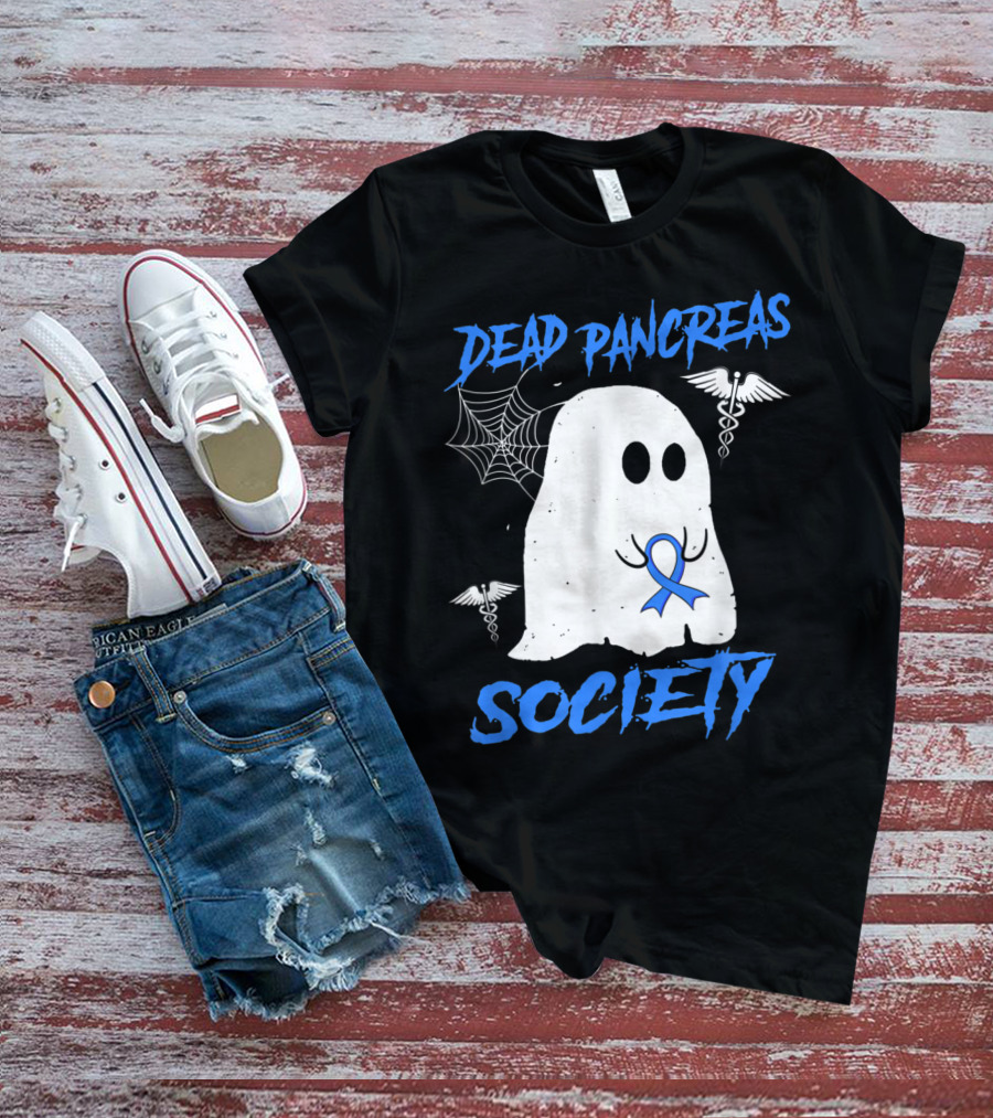 Dead Pancreas Society Diabetes Awareness Halloween Ghost With Blue Ribbon And Caduceus T-Shirt