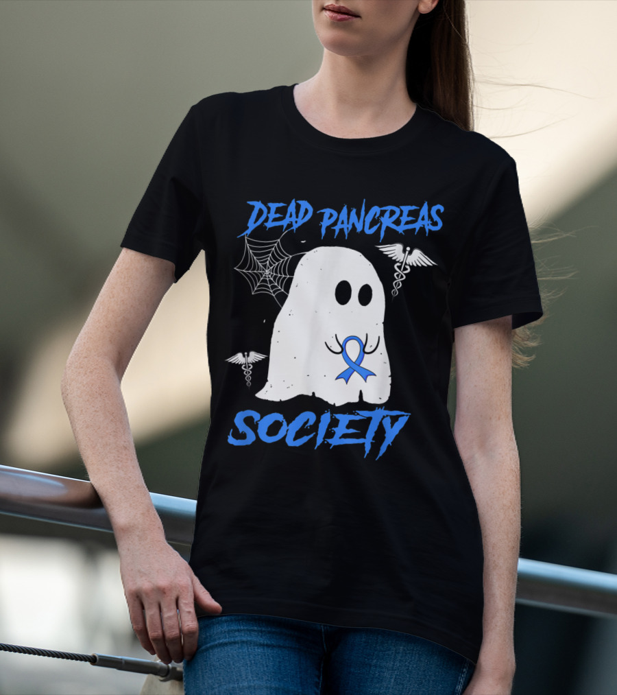 Dead Pancreas Society Diabetes Awareness Halloween Ghost With Blue Ribbon And Caduceus T-Shirt