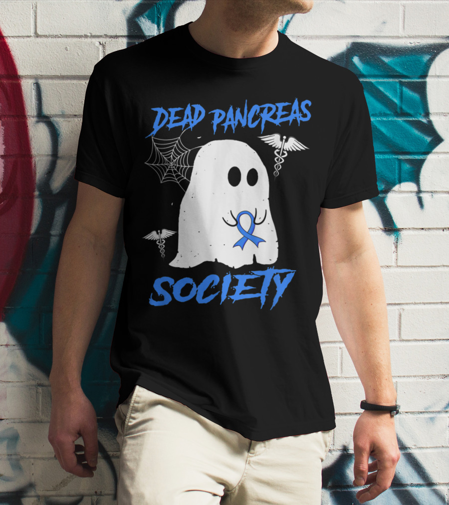 Dead Pancreas Society Diabetes Awareness Halloween Ghost With Blue Ribbon And Caduceus T-Shirt