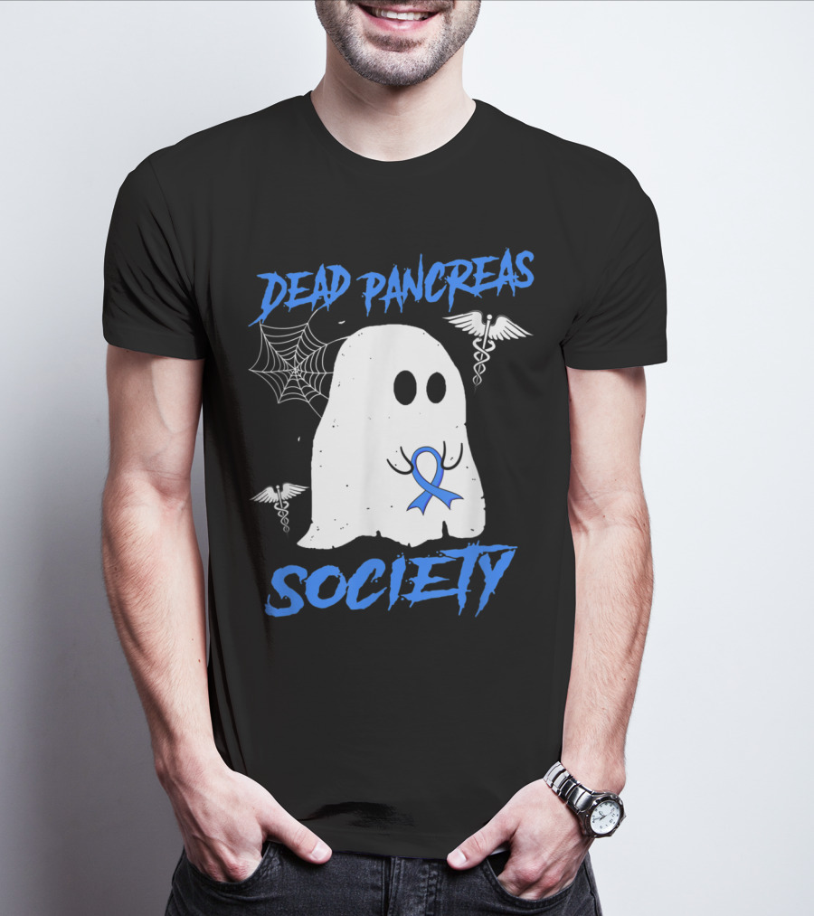 Dead Pancreas Society Diabetes Awareness Halloween Ghost With Blue Ribbon And Caduceus T-Shirt
