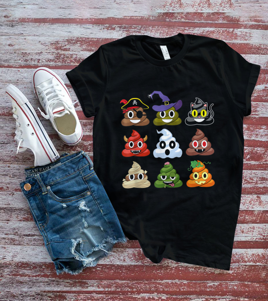 Halloween Pirate Witch Cat Devil Ghost Mummy Zombie Pumpkin Poop Emojis T-Shirt