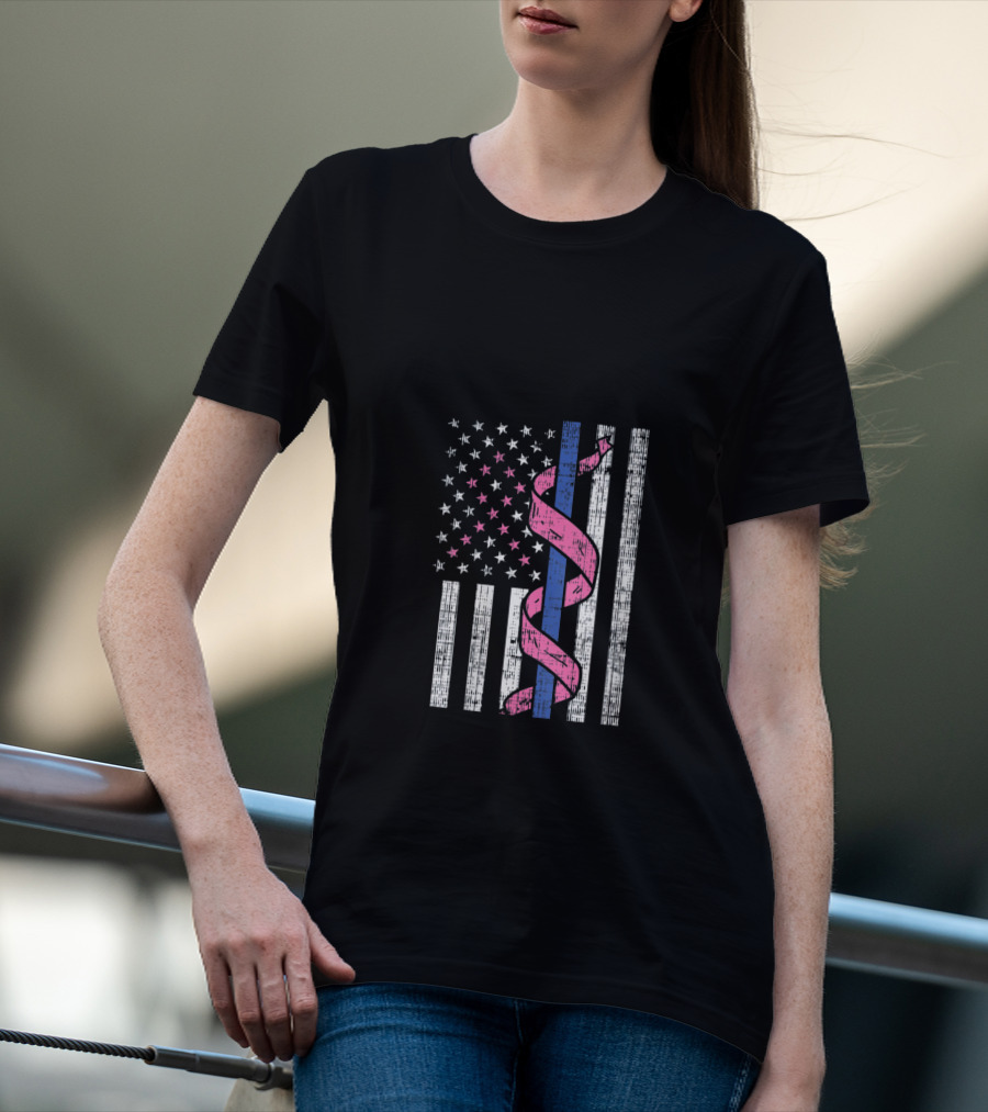 Blue Line American Flag Pink Ribbon Breast Cancer Awareness T-Shirt