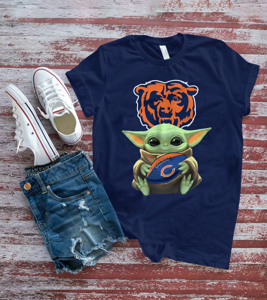 Baby Yoda Holding Chicago Bears Football With Team T-Shirt