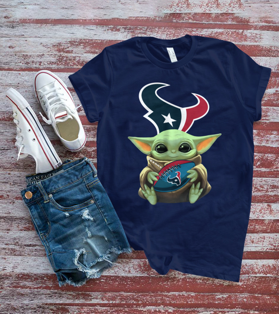 Baby Yoda Holding Houston Texans Football T-Shirt