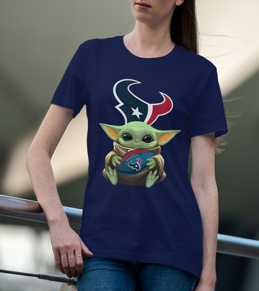 Baby Yoda Holding Houston Texans Football T-Shirt