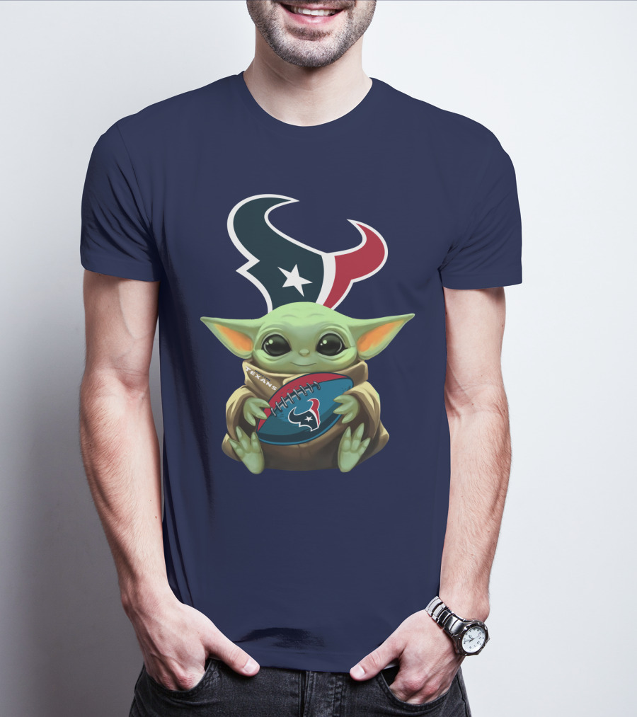 Baby Yoda Holding Houston Texans Football T-Shirt