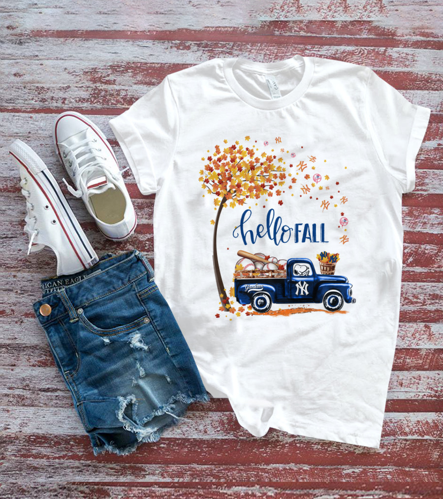 Hello Fall New York Yankees Autumn Truck Baseball Scene T-Shirt