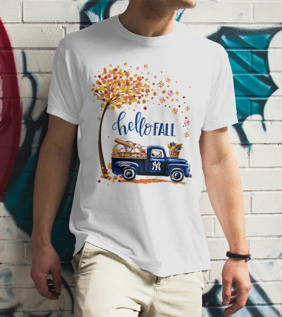 Hello Fall New York Yankees Autumn Truck Baseball Scene T-Shirt