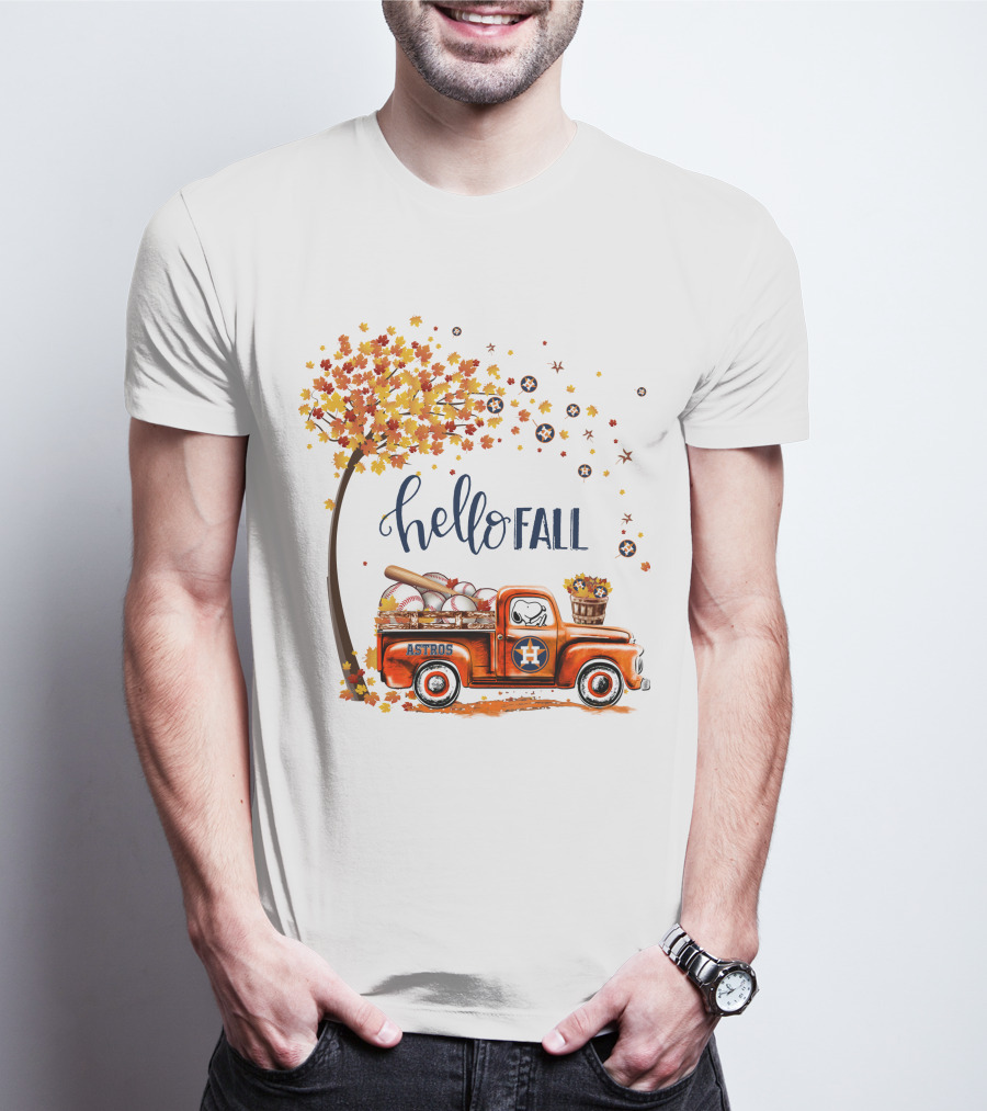 Hello Fall Astros Truck With Baseballs And Autumn Leaves T-Shirt