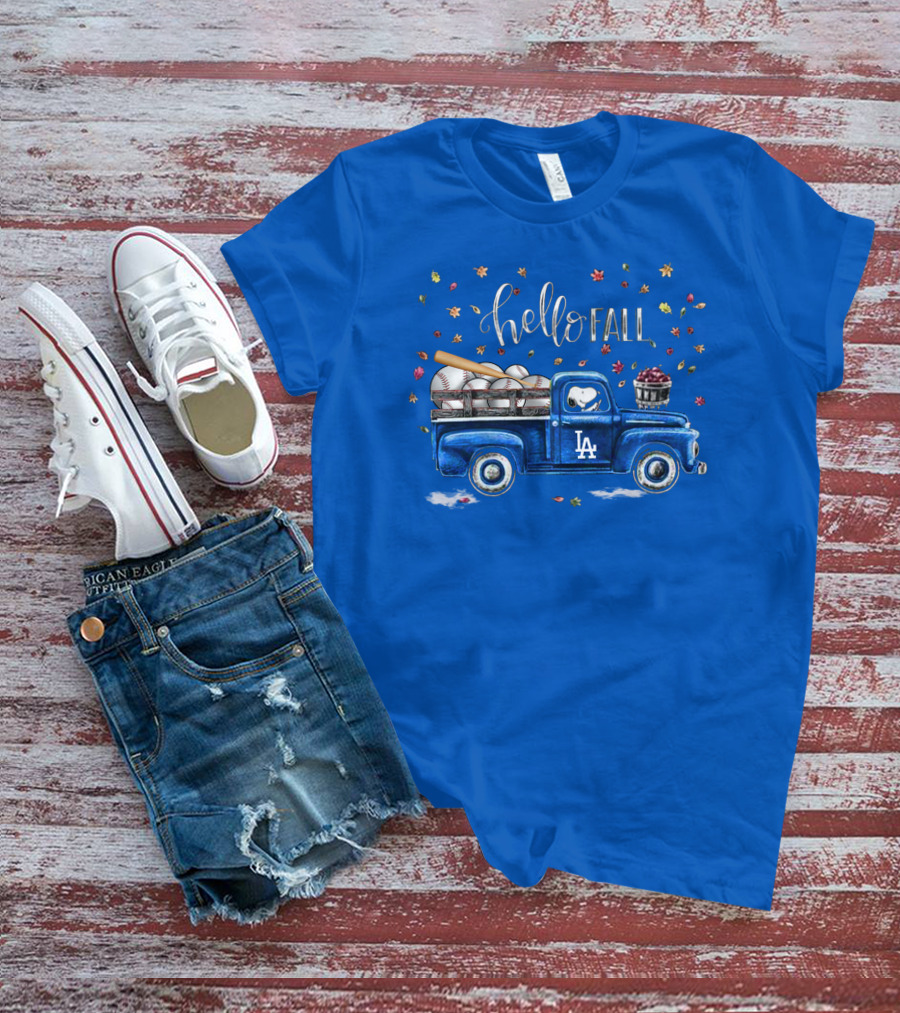 Hello Fall La Truck With Baseballs And Leaves T-Shirt
