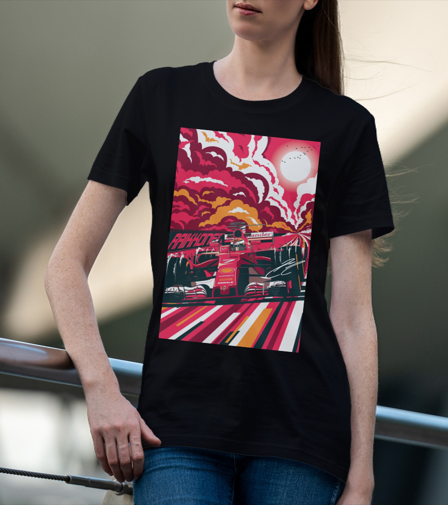 Raikkonen Formula 1 Racing Ferrari F1 Car Sunset Scene T-Shirt