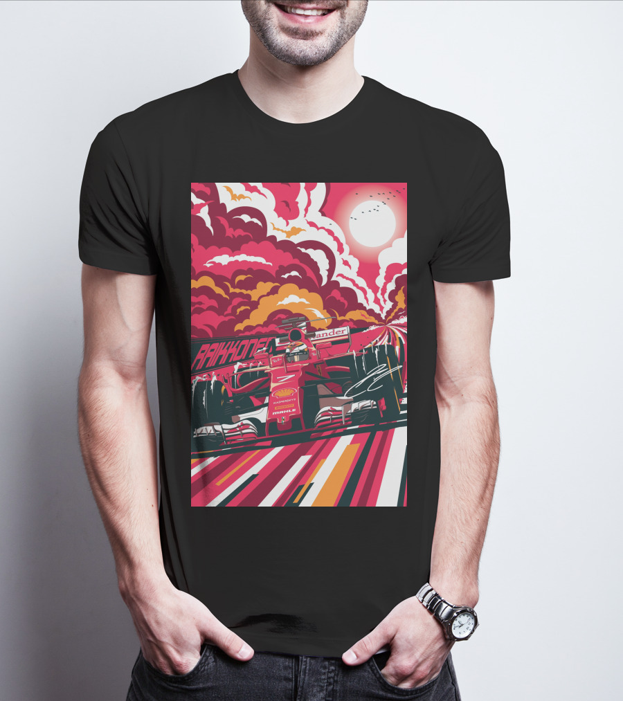 Raikkonen Formula 1 Racing Ferrari F1 Car Sunset Scene T-Shirt