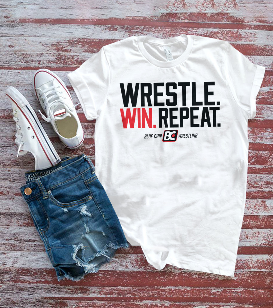 Wrestle Win Repeat Blue Chip BC Wrestling T-Shirt