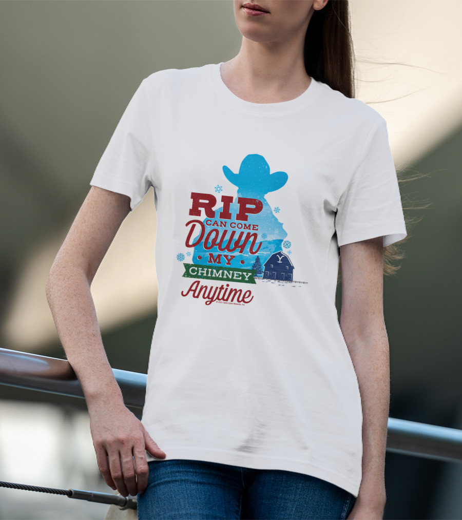 Rip Can Come Down My Chimney Anytime Blue Cowboy Silhouette Snowflakes Barn T-Shirt