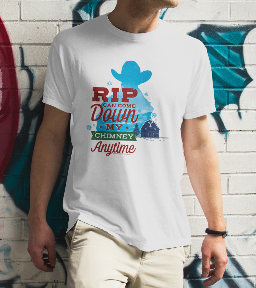 Rip Can Come Down My Chimney Anytime Blue Cowboy Silhouette Snowflakes Barn T-Shirt