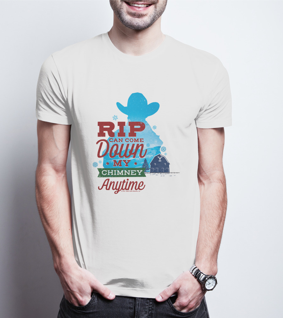 Rip Can Come Down My Chimney Anytime Blue Cowboy Silhouette Snowflakes Barn T-Shirt