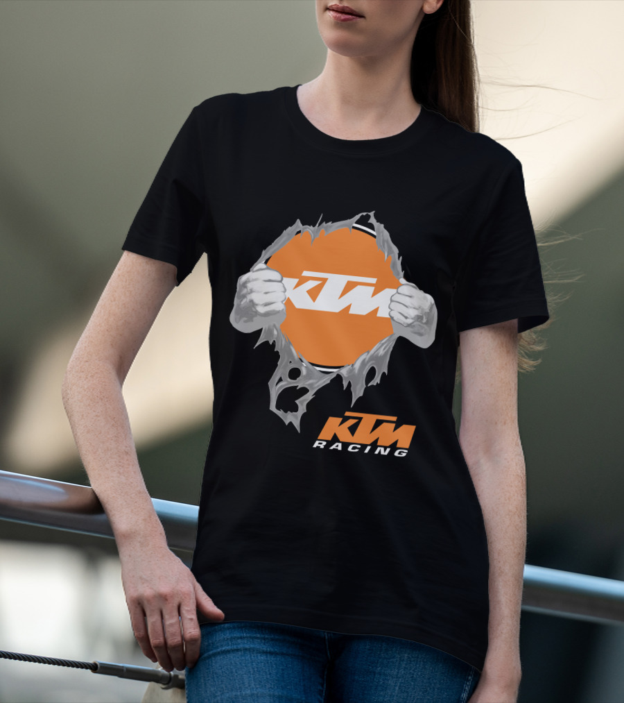 Ktm Racing Logo With Hands Ripping Through Orange T-Shirt