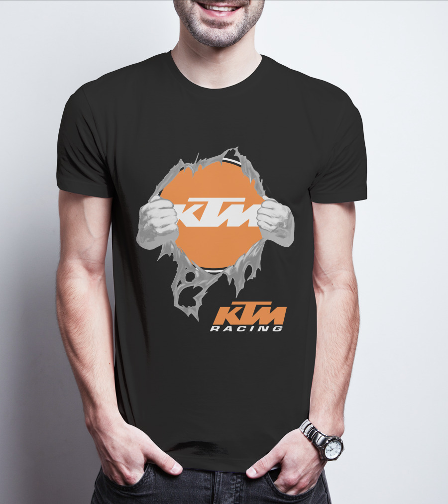 Ktm Racing Logo With Hands Ripping Through Orange T-Shirt