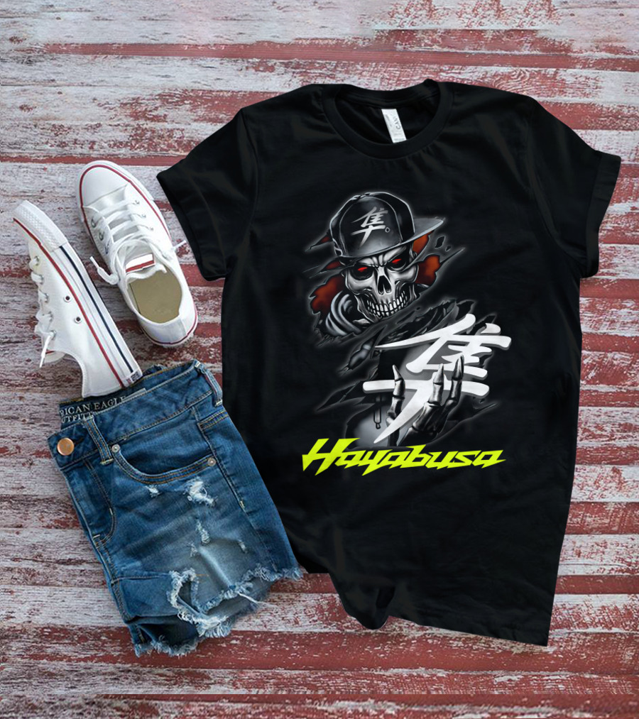 Hayabusa Skeleton In Cap With Kanji Symbol And Claws T-Shirt