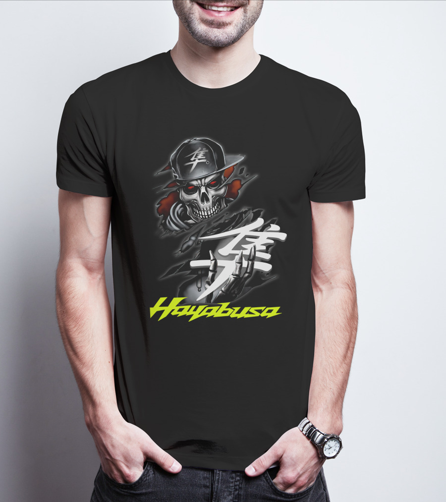 Hayabusa Skeleton In Cap With Kanji Symbol And Claws T-Shirt