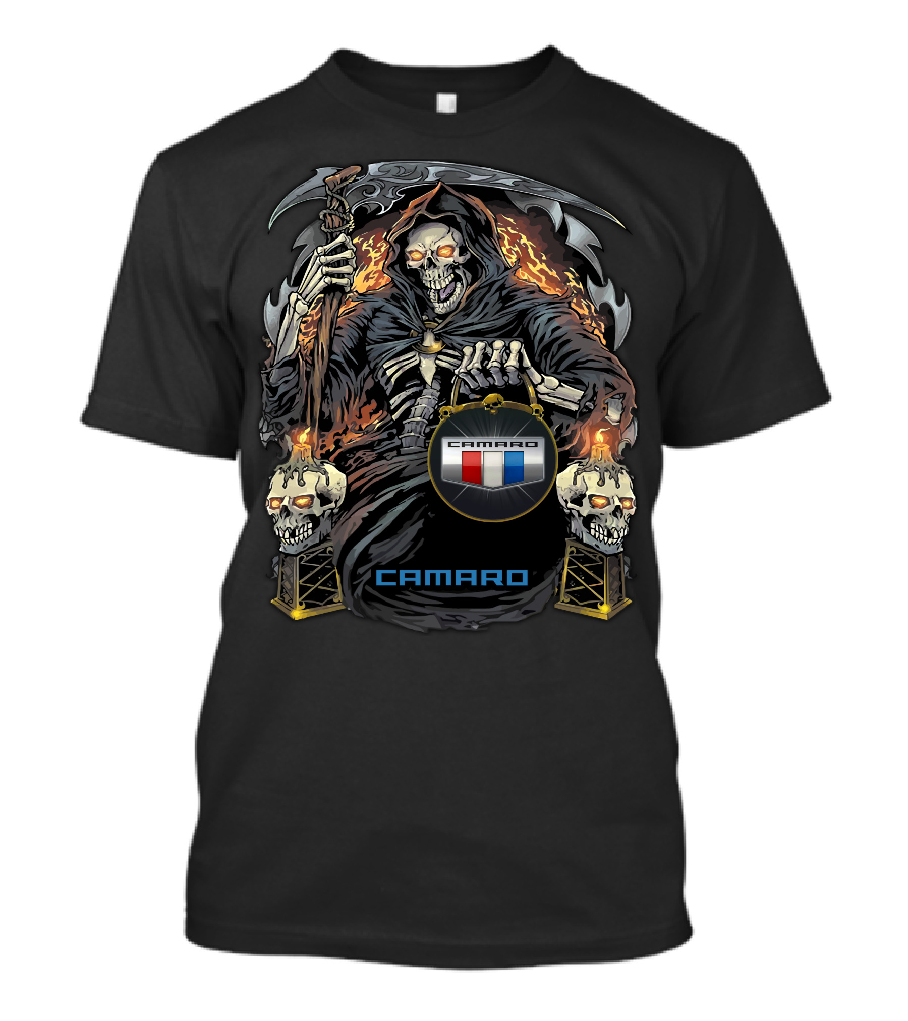 Camaro Flaming Reaper With Skull Torches T-Shirt
