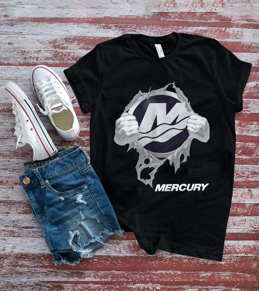 Mercury Boats Logo With Hands Ripping Through Black T-Shirt
