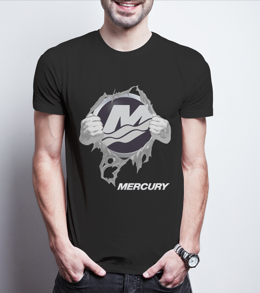 Mercury Boats Logo With Hands Ripping Through Black T-Shirt