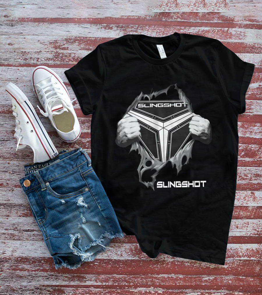 Slingshot Emblem With Hands Pulling Away Black T-Shirt