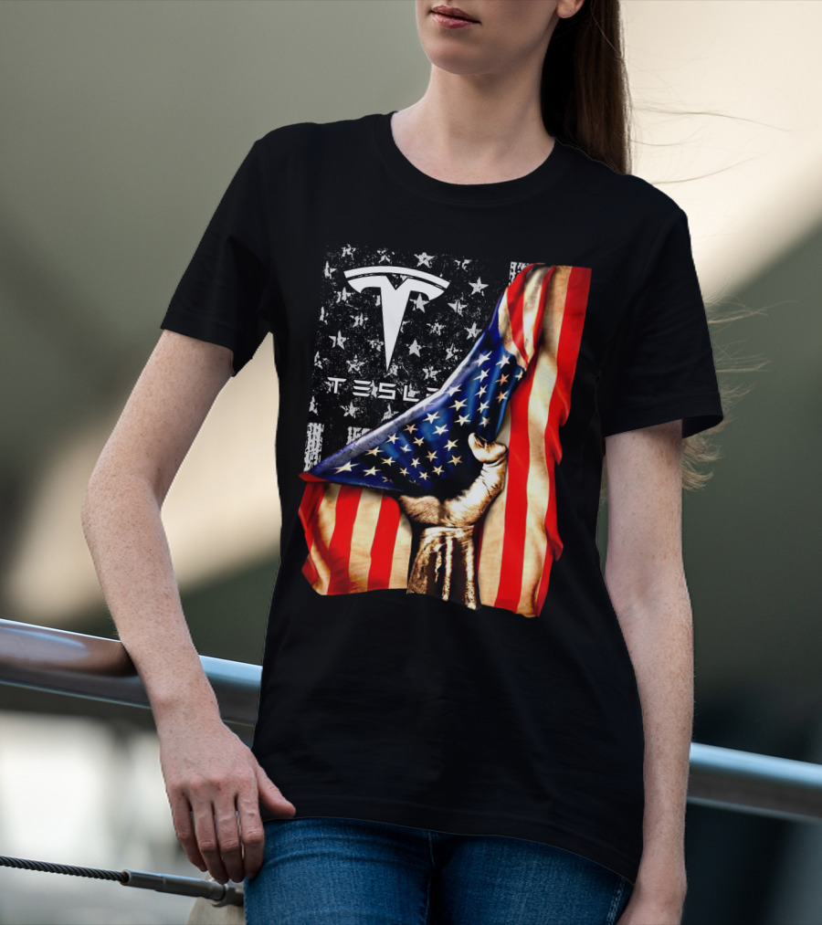 Tesla Logo American Flag Hand Folded Stars Stripes Vintage Style T-Shirt