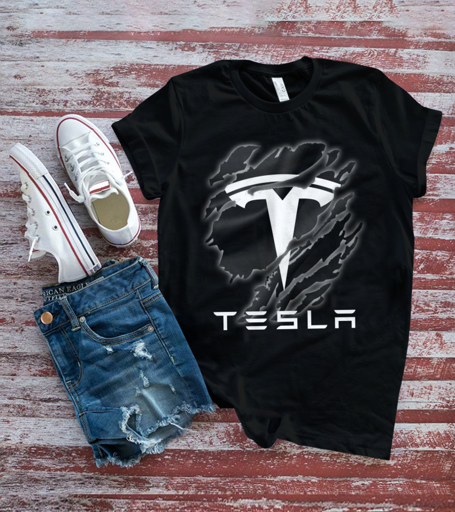 Tesla Logo With Ripped Design Effect In Black And White T-Shirt