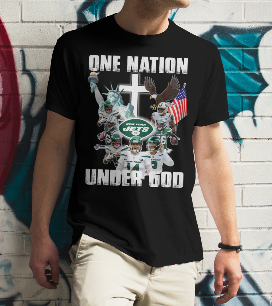 New York Jets One Nation Under God Statue Of Liberty Eagle Flag Football Players T-Shirt