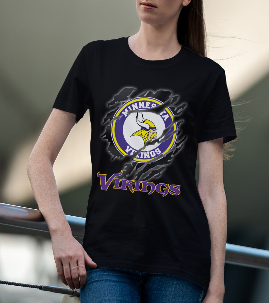Minnesota Vikings Ripped Logo Design Featuring Iconic Viking Helmet And Horns T-Shirt