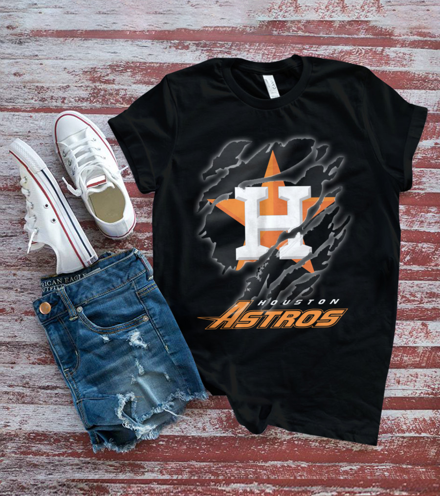 Houston Astros Logo With Orange Star And Dynamic Ripped Effect T-Shirt