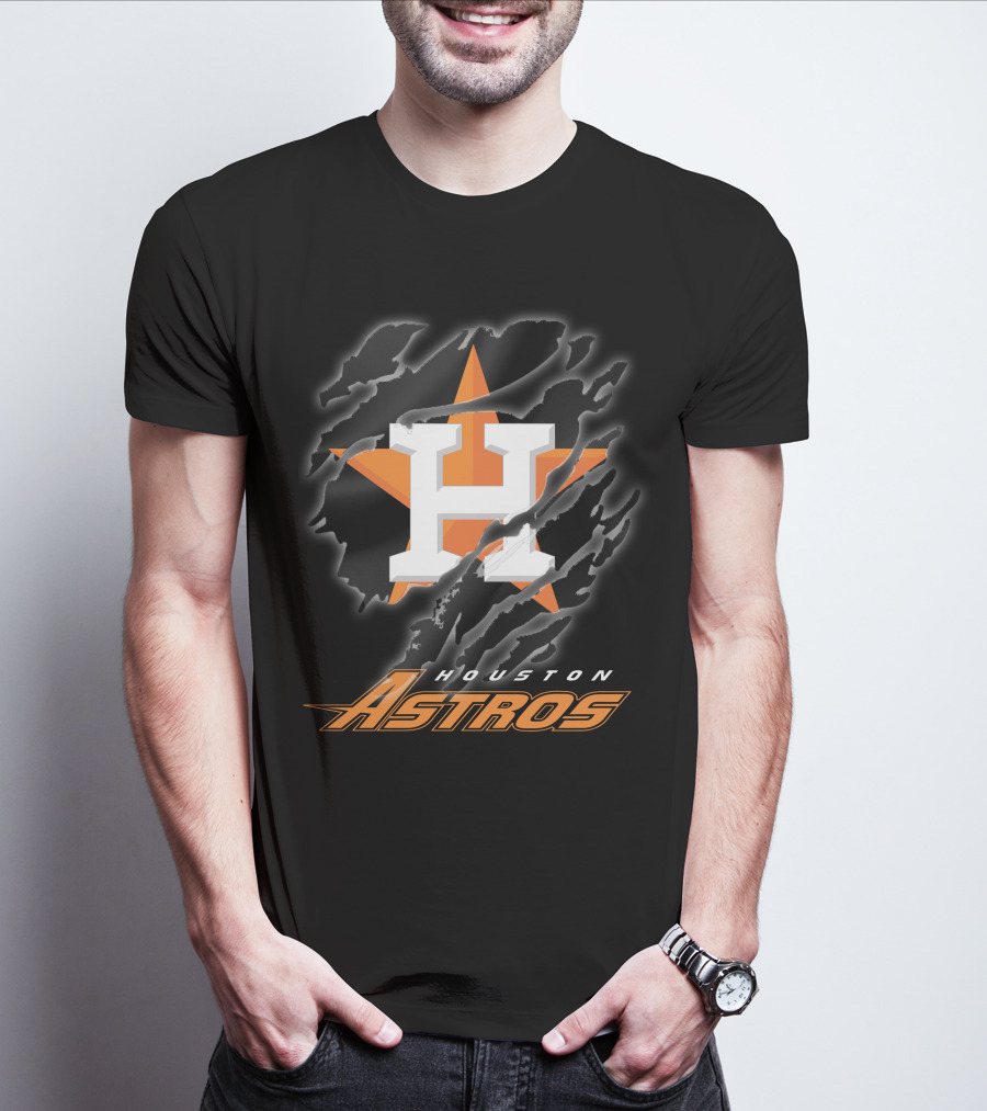 Houston Astros Logo With Orange Star And Dynamic Ripped Effect T-Shirt