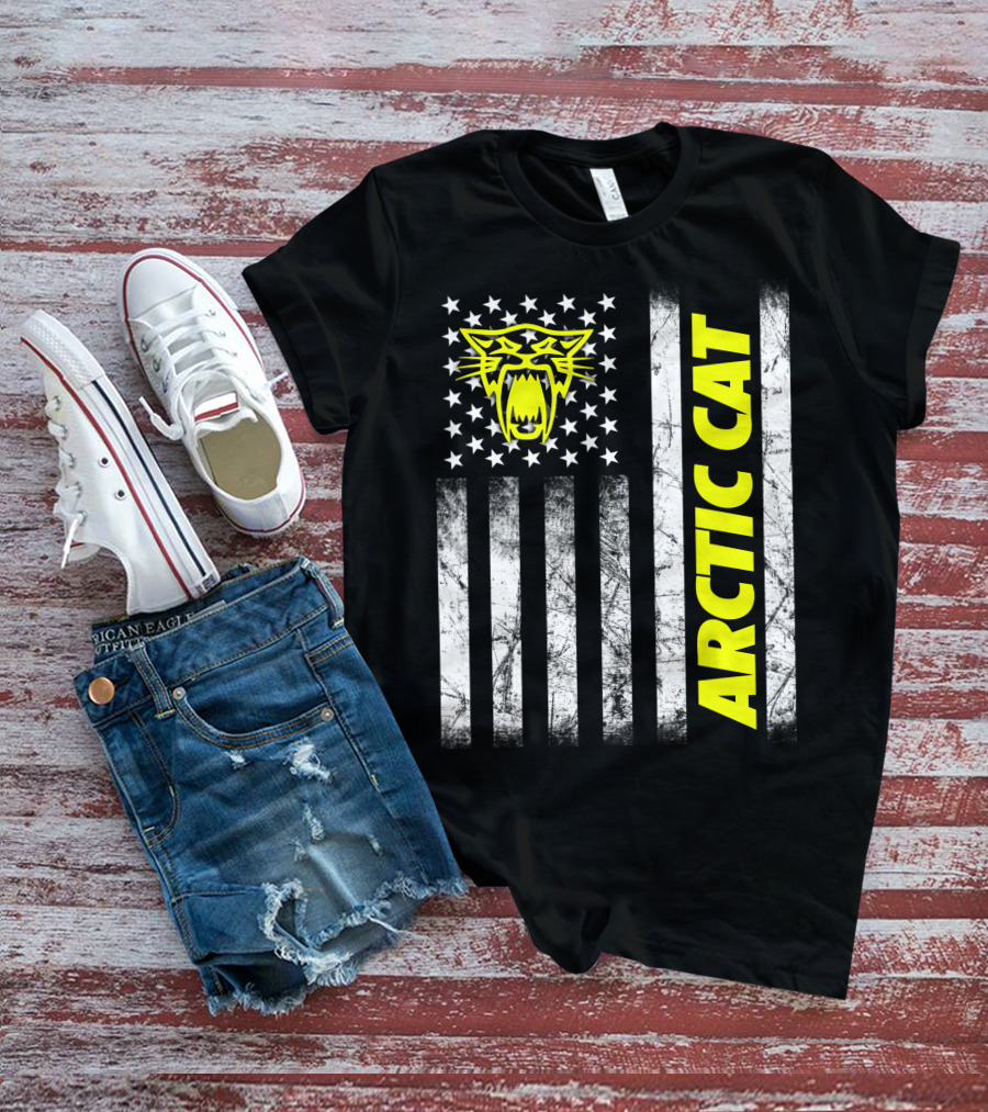 Arctic Cat Yellow Logo With American Flag Stripes And Stars T-Shirt