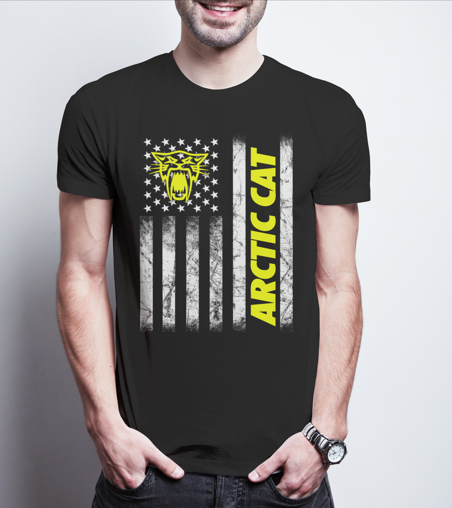 Arctic Cat Yellow Logo With American Flag Stripes And Stars T-Shirt