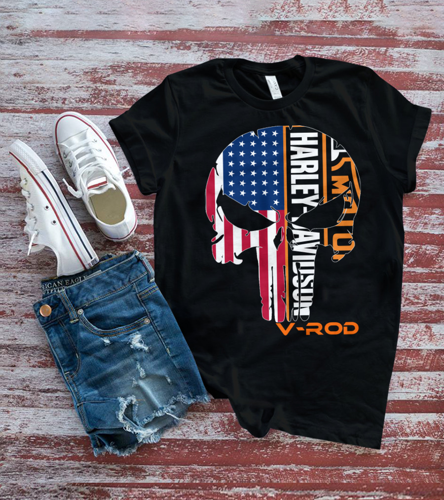 V-Rod Harley Davidson American Flag Skull T-Shirt