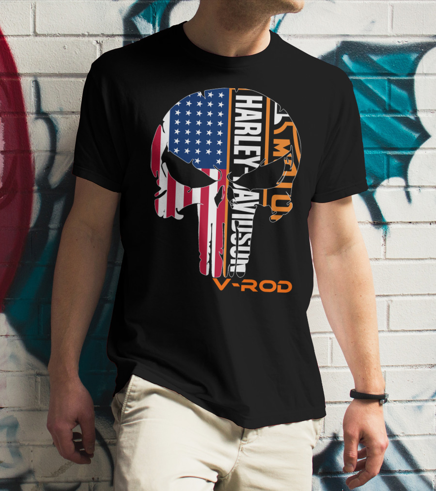 V-Rod Harley Davidson American Flag Skull T-Shirt