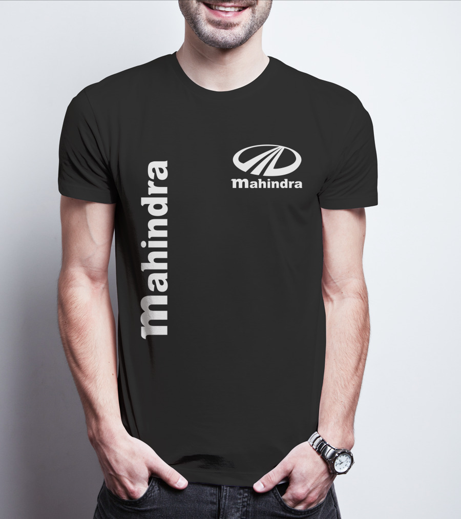 Mahindra Vertical Text With Iconic Logo Bold T-Shirt